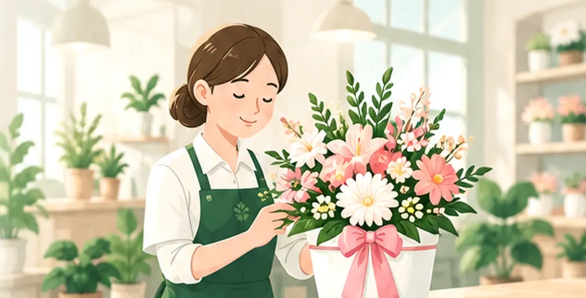 꽃 선물을 준비하는 일러스트